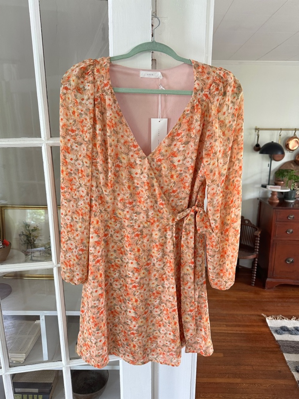 Lush Peach Floral Wrap Dress with Self-Tie Waist